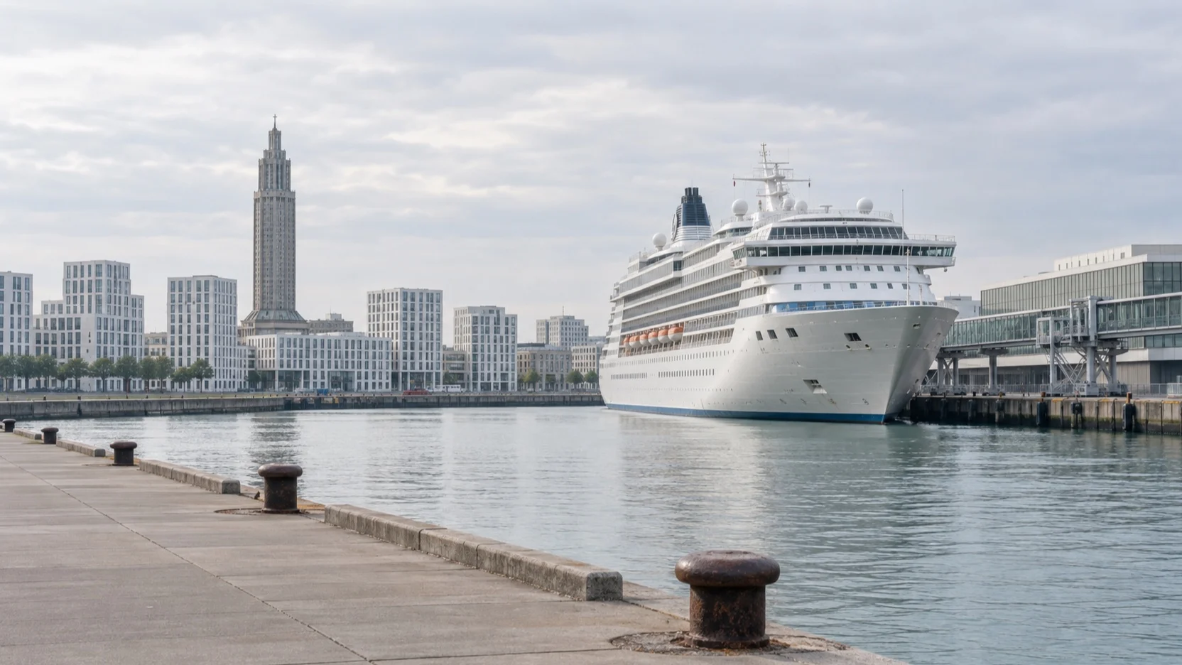 Cruise ship at Le Havre port beside the Normandy waterfront