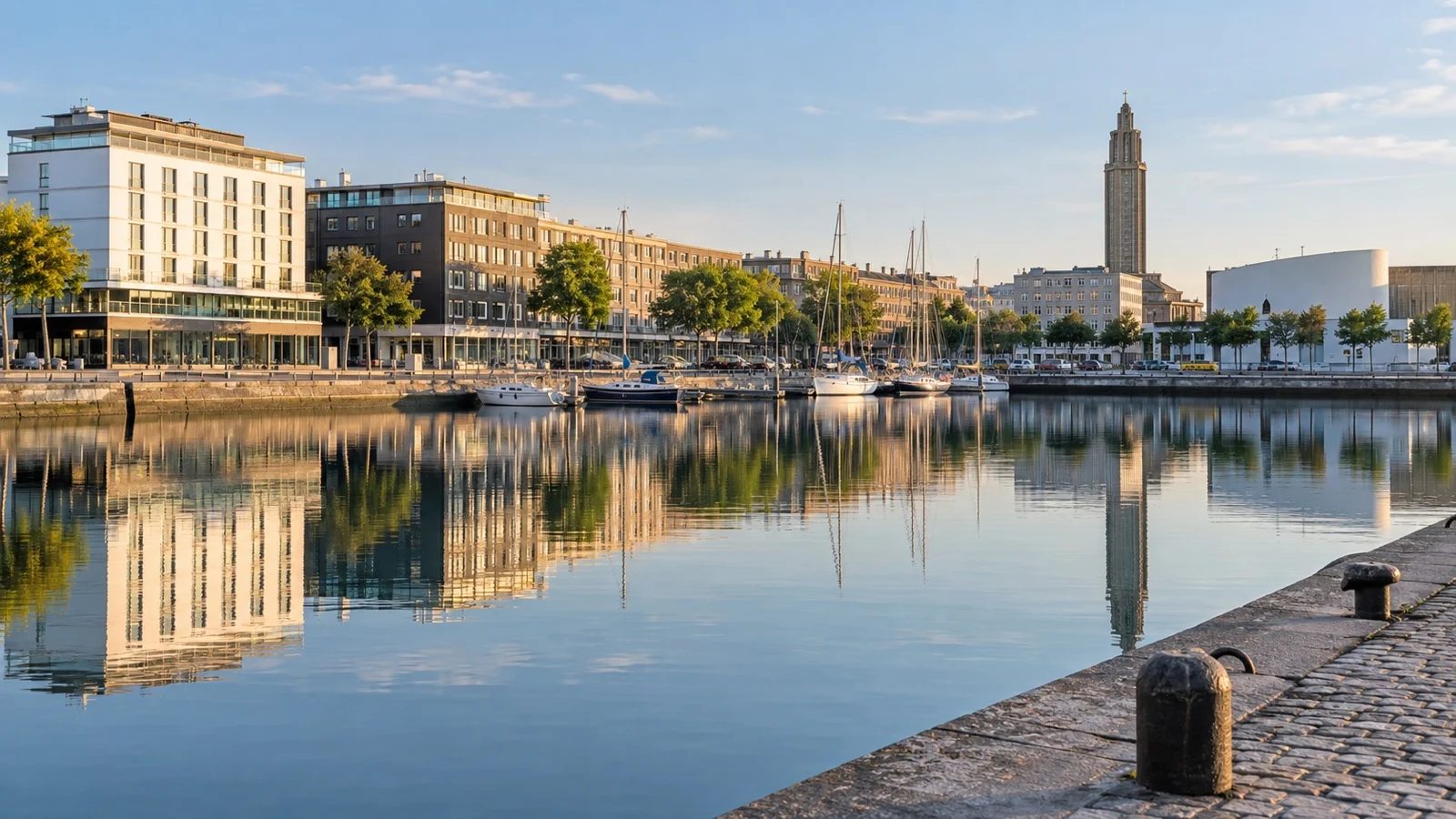 Bassin du Commerce in Le Havre with waterfront midrange hotels and reflecting harbor basin