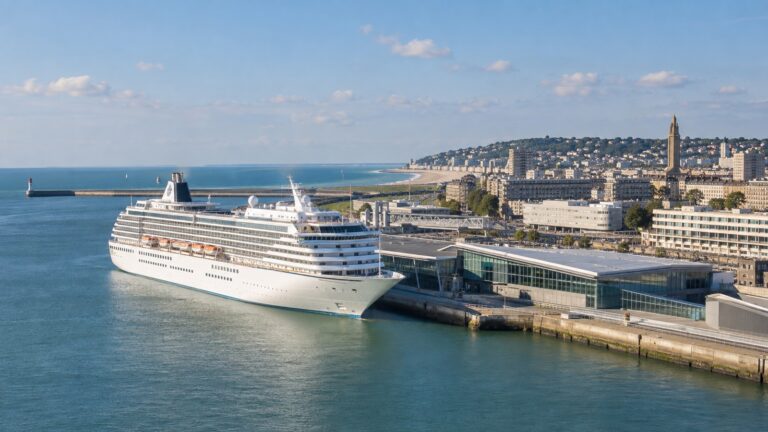 Le Havre cruise terminal with a white cruise ship docked beside the French port and Channel coastline