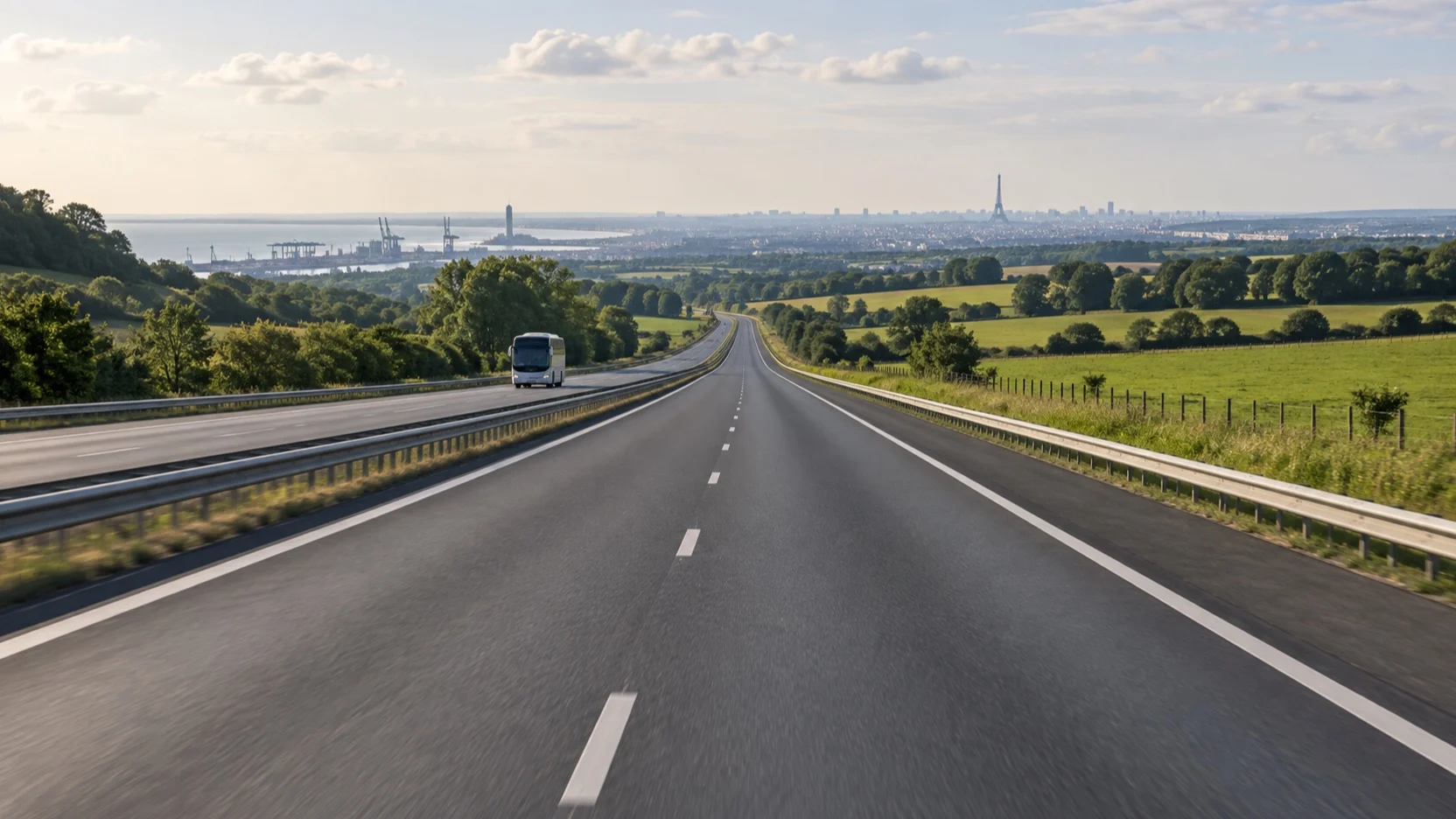 Long motorway through Normandy between Le Havre and Paris