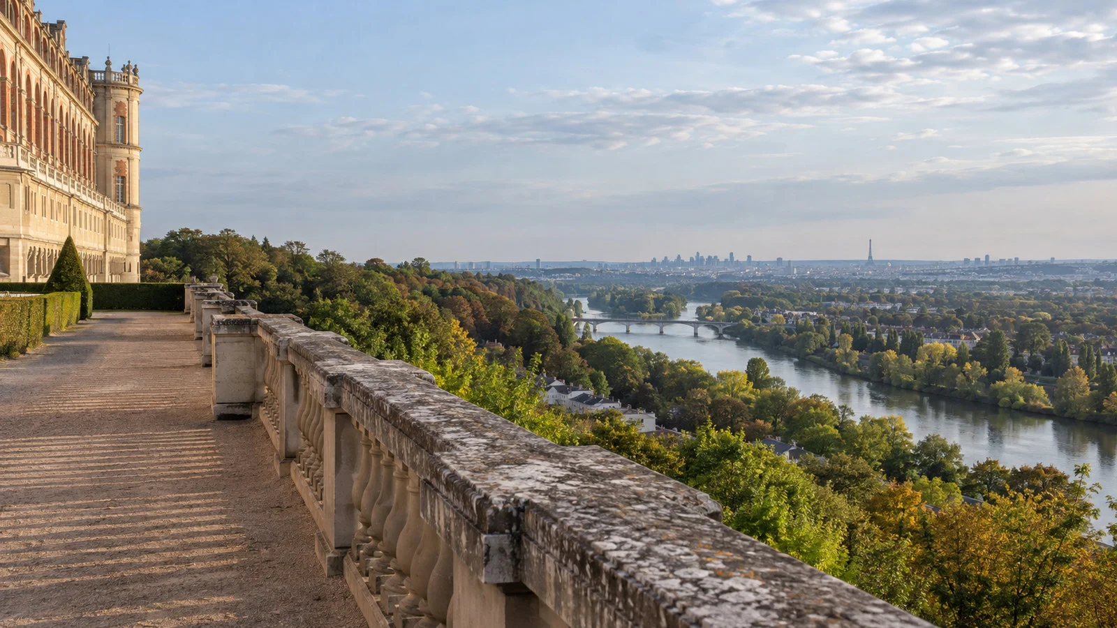 Terrace of Saint-Germain-en-Laye park overlooking the Seine valley toward Paris