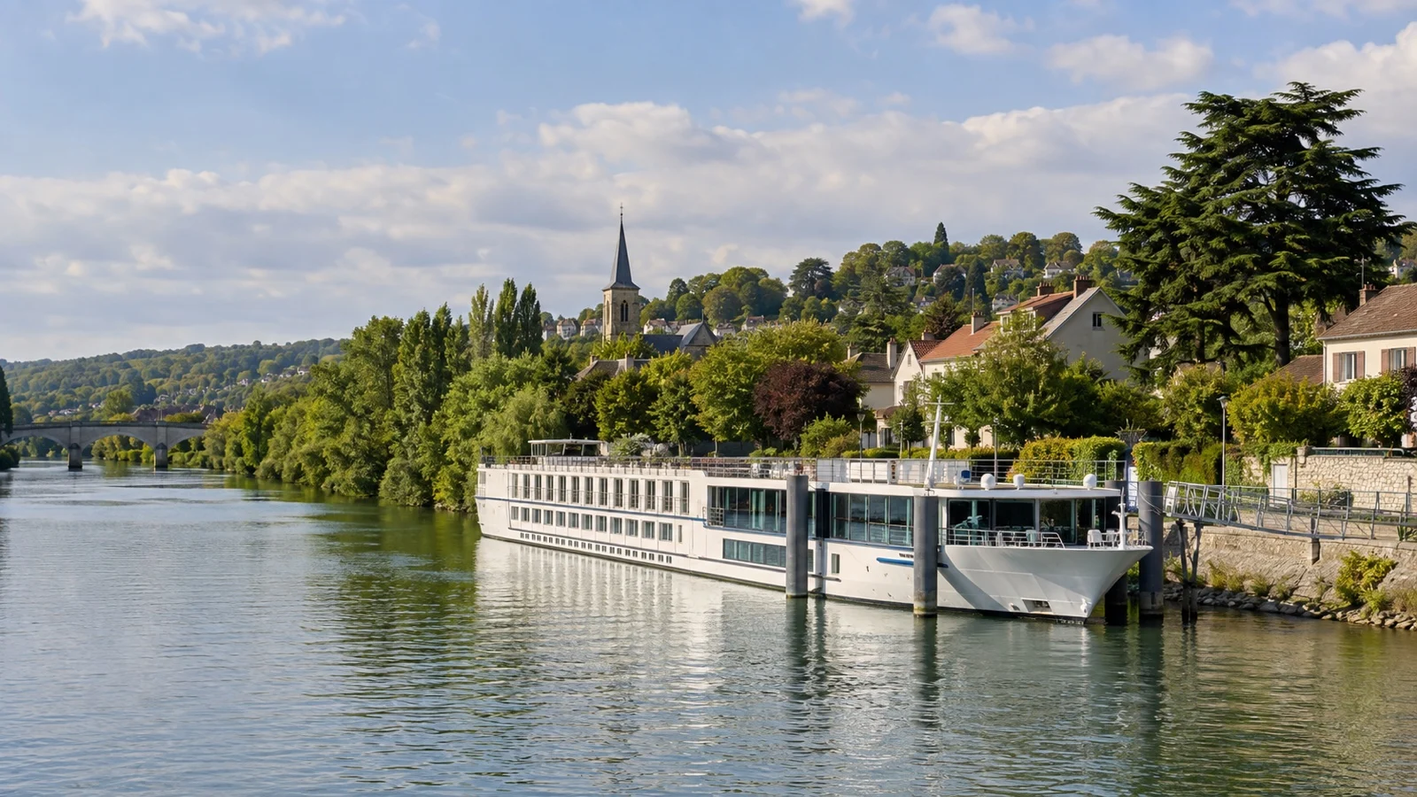 River cruise vessel at Le Pecq suburban Paris berth