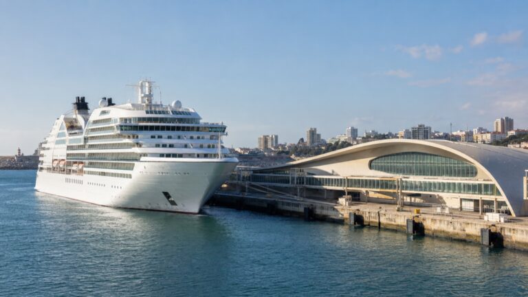 A cruise ship beside the curved Leixões cruise terminal in Matosinhos