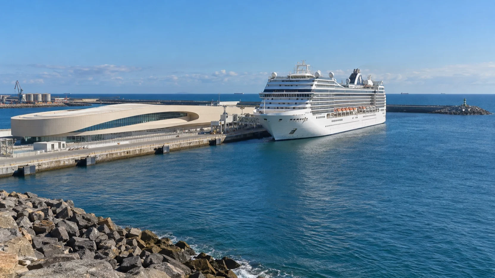 Cruise ship beside the Leixões terminal and Atlantic breakwater near Porto