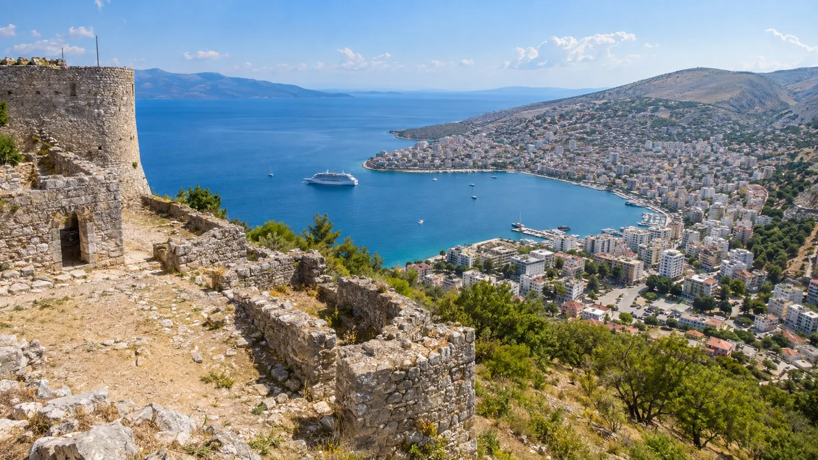 Stone castle ruins overlooking Sarandë and the Ionian bay