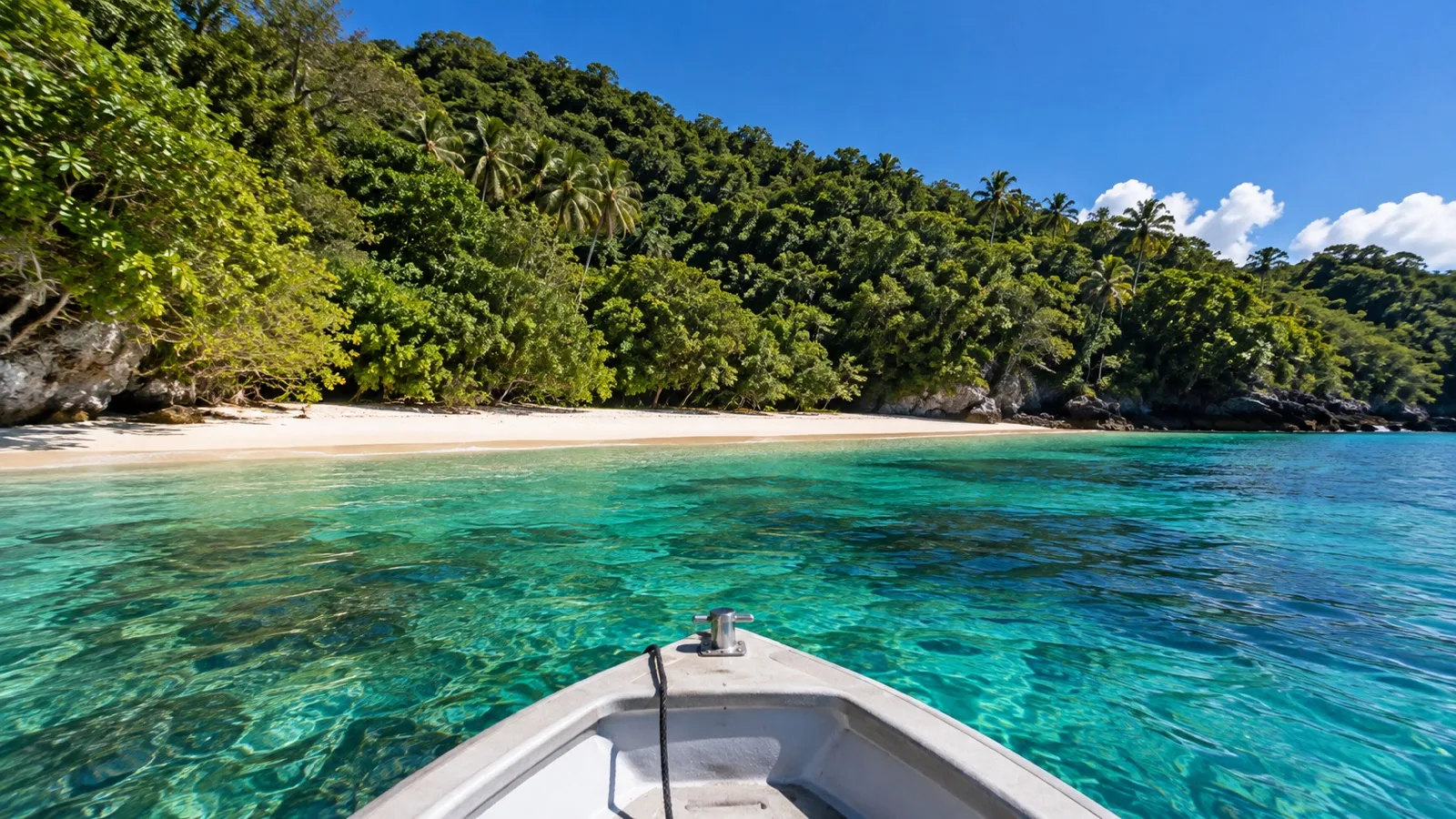 Small empty tender boat approaching a quiet sandy beach on Lelepa Island, Vanuatu