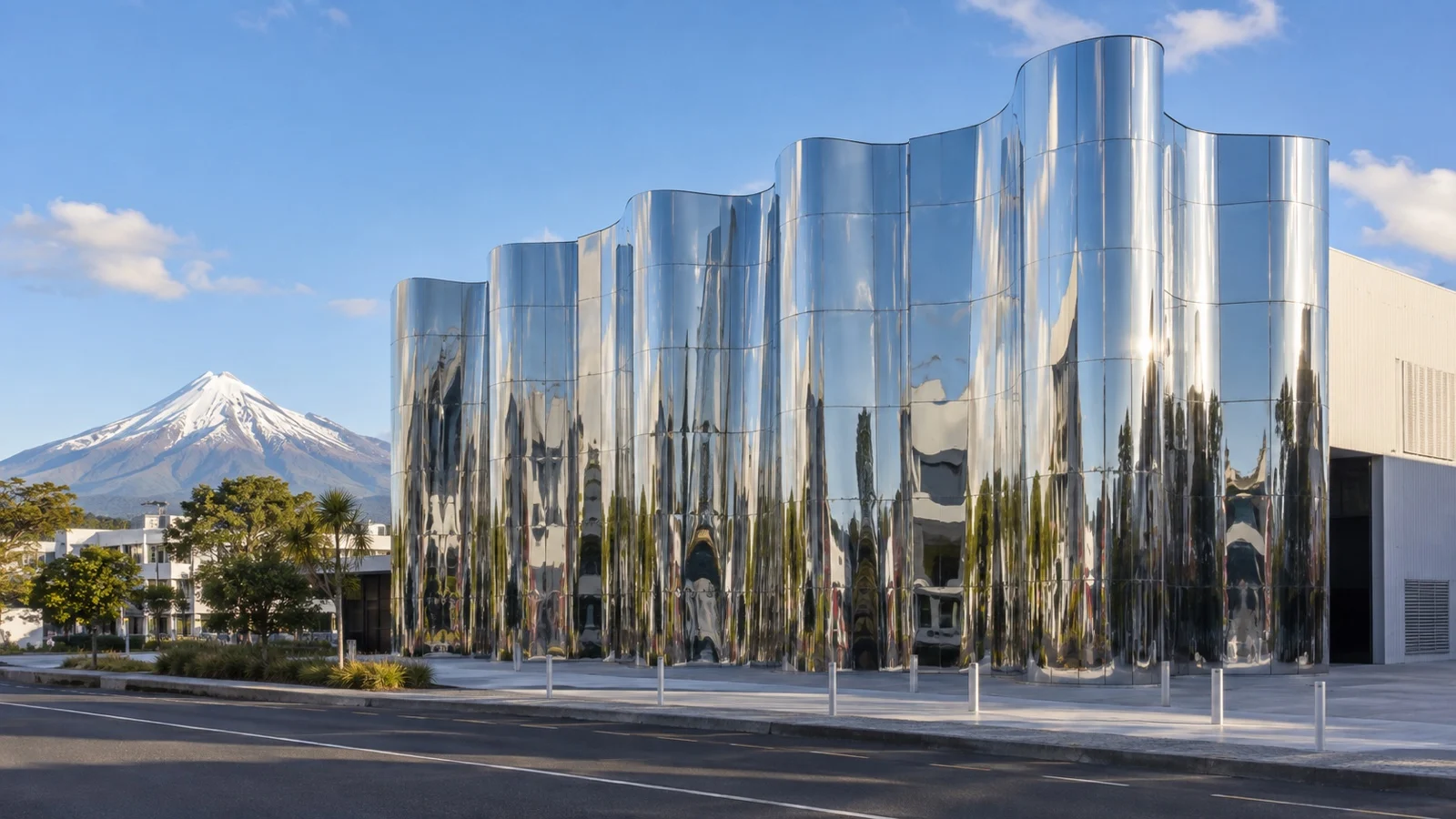 Rippling stainless steel exterior of the Len Lye Centre