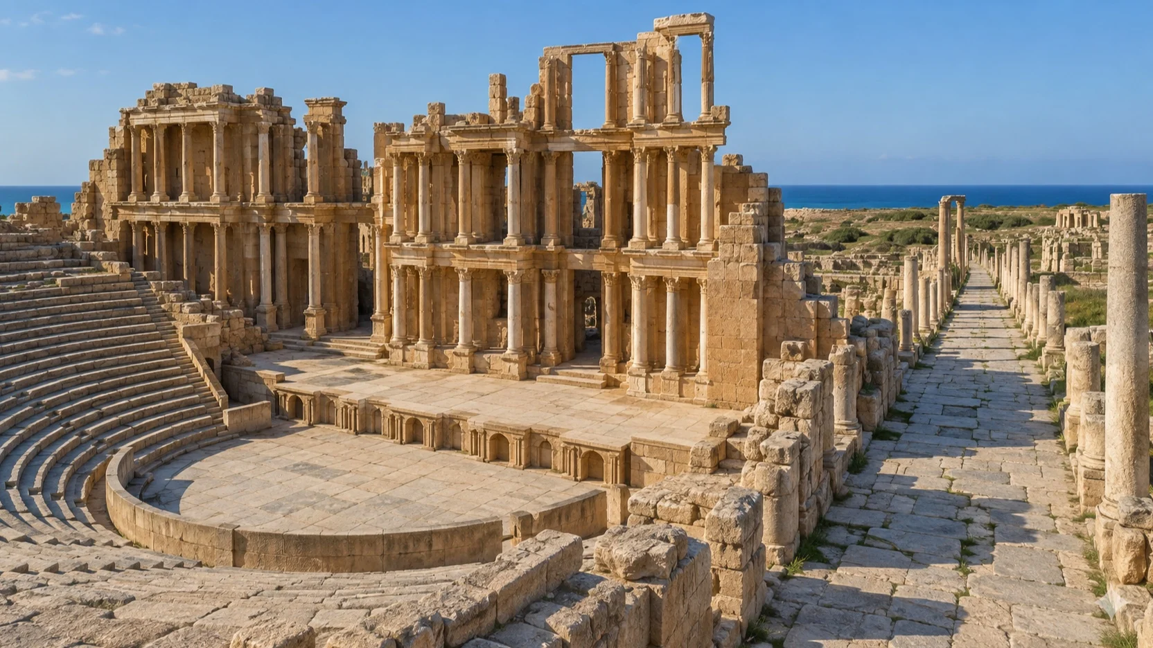 Ancient Roman theater and stone walkway at Leptis Magna, Libya