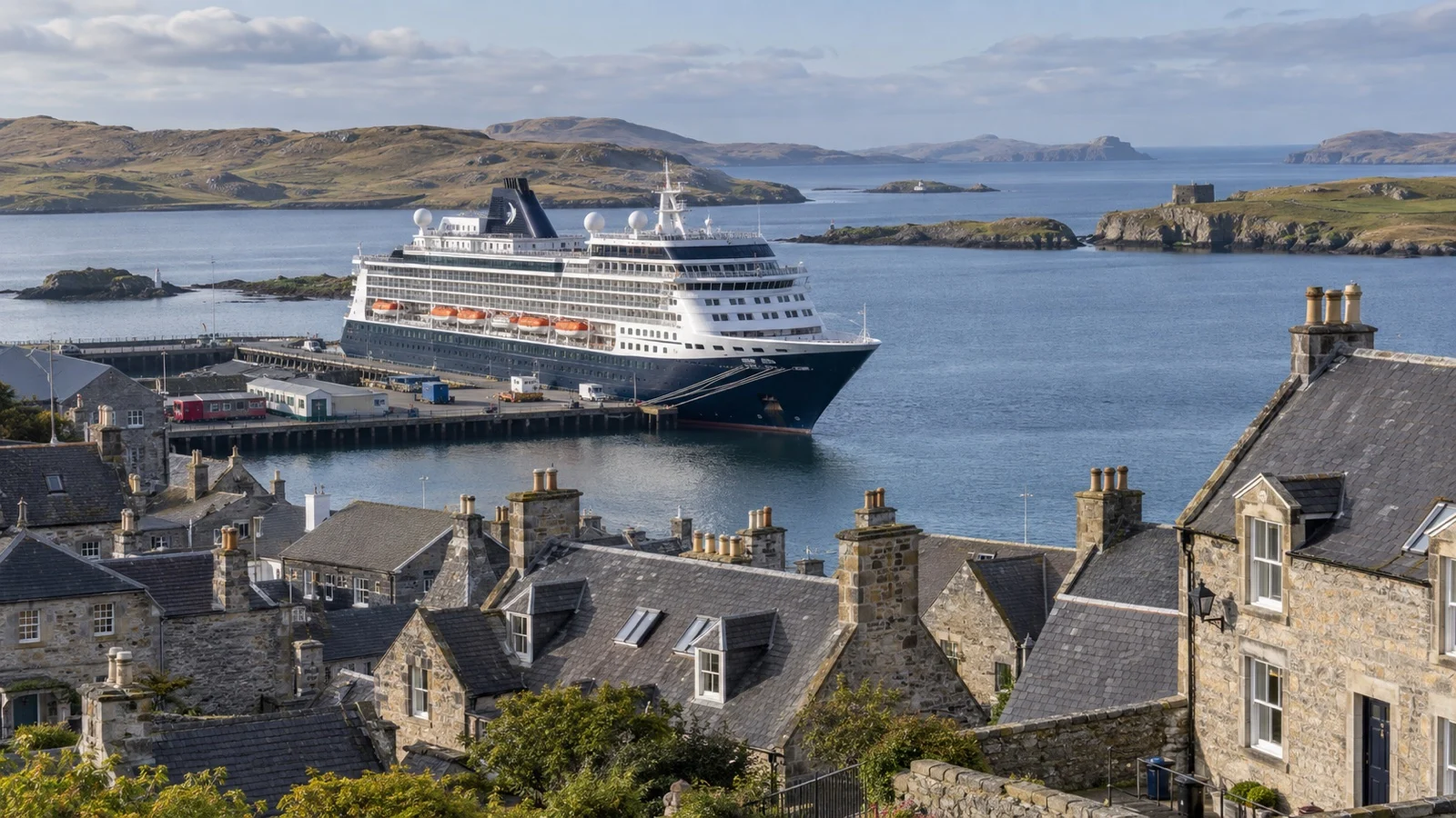Cruise ship beside Lerwick’s stone waterfront in Shetland.