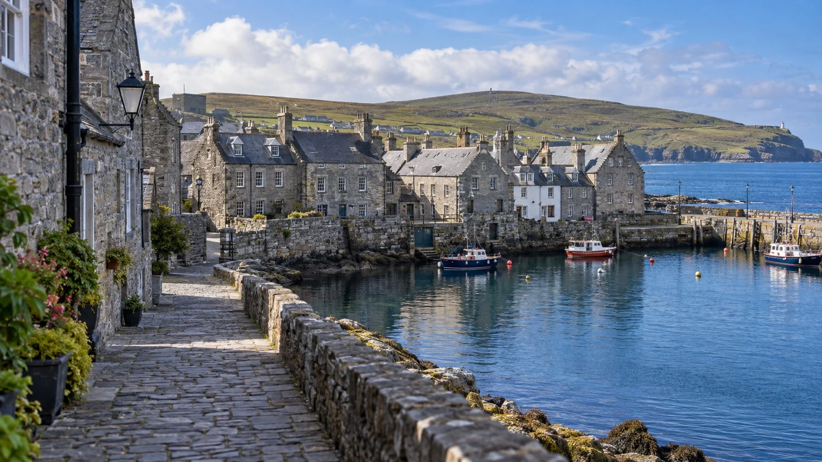 Stone buildings along a quiet Lerwick old town lane