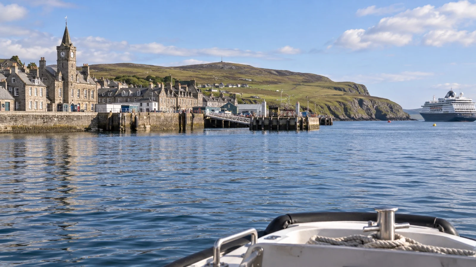Tender boat approaching Lerwick harbor landing
