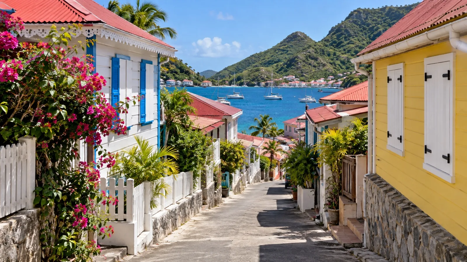 Quiet colorful street in Bourg des Saintes on Terre-de-Haut