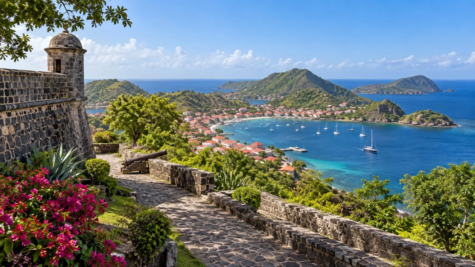 Fort Napoléon stone walls overlooking the bay in Les Saintes