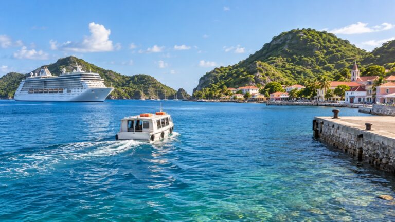 Tender boat approaching Terre-de-Haut quay in Les Saintes