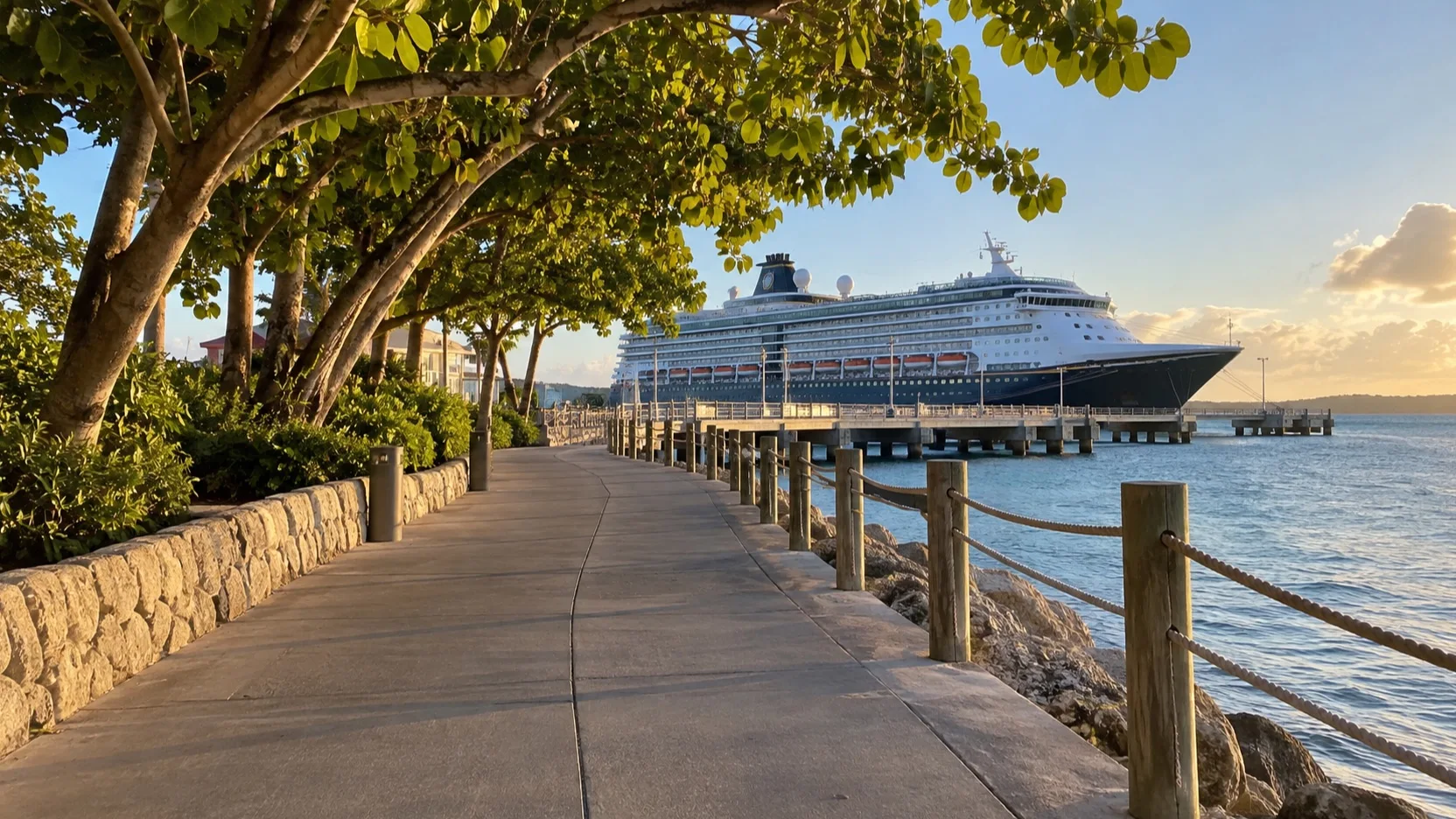 Level shaded waterfront path leading back toward a cruise ship