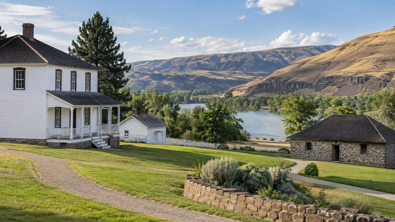 Nez Perce National Historical Park grounds at Spalding with historic buildings and valley landscape