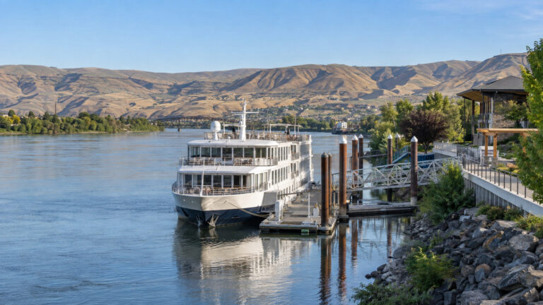 Small river cruise ship at Clarkston's riverfront dock on the Snake River