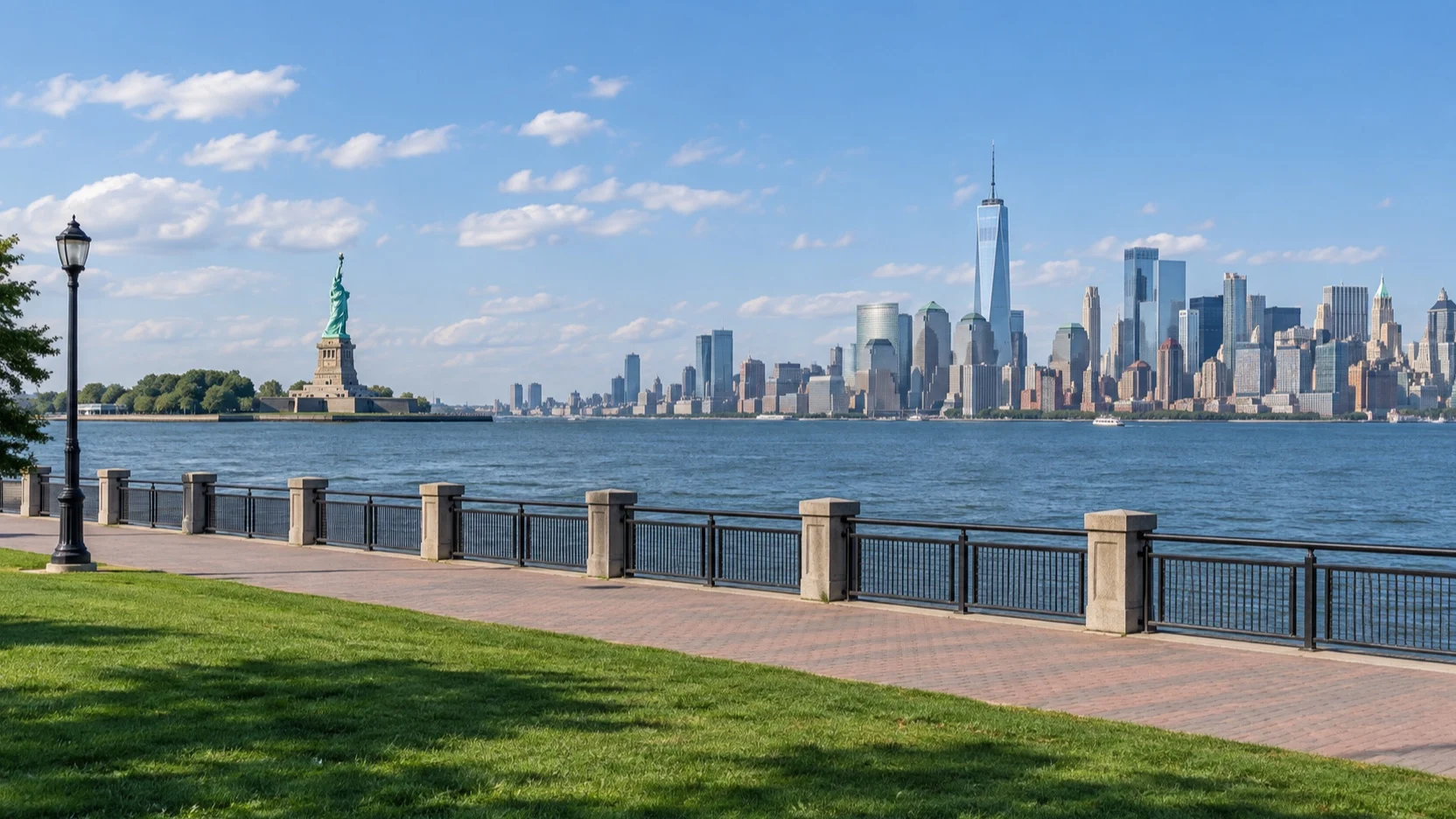 Empty Liberty State Park waterfront with the Statue of Liberty and Manhattan skyline across the harbor