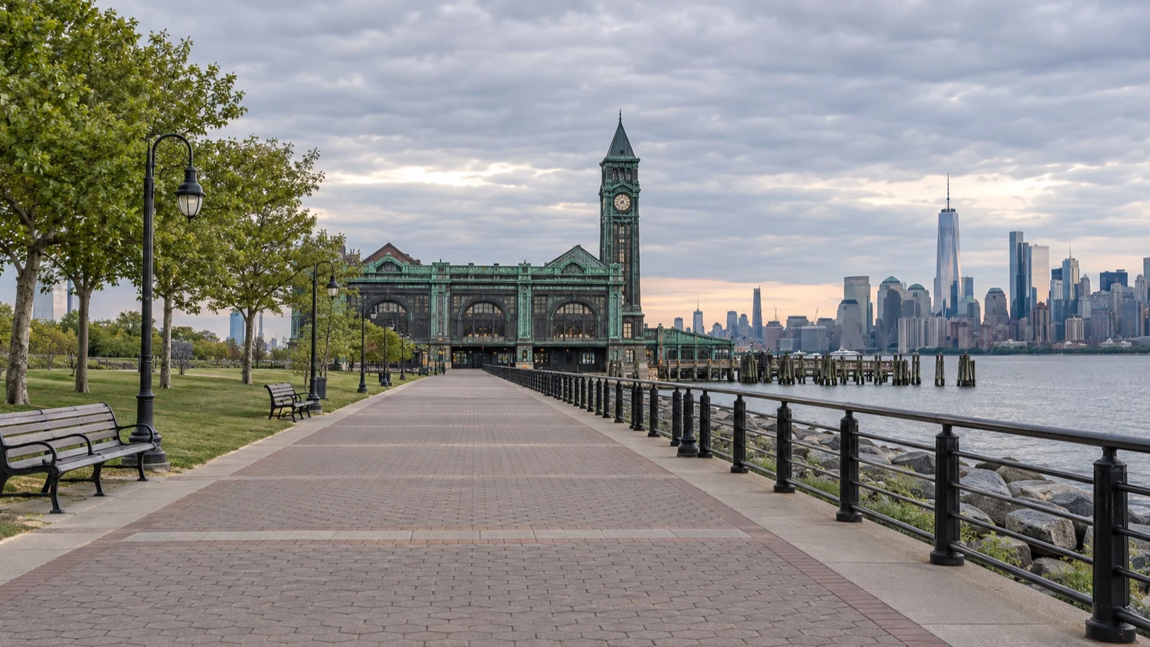 Level waterfront path leading toward the historic Central Railroad of New Jersey Terminal