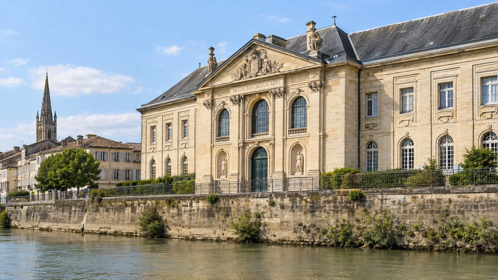 Pale stone public building beside the Libourne waterfront