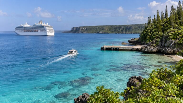 Tender boat approaching Easo landing on Lifou from a cruise ship offshore