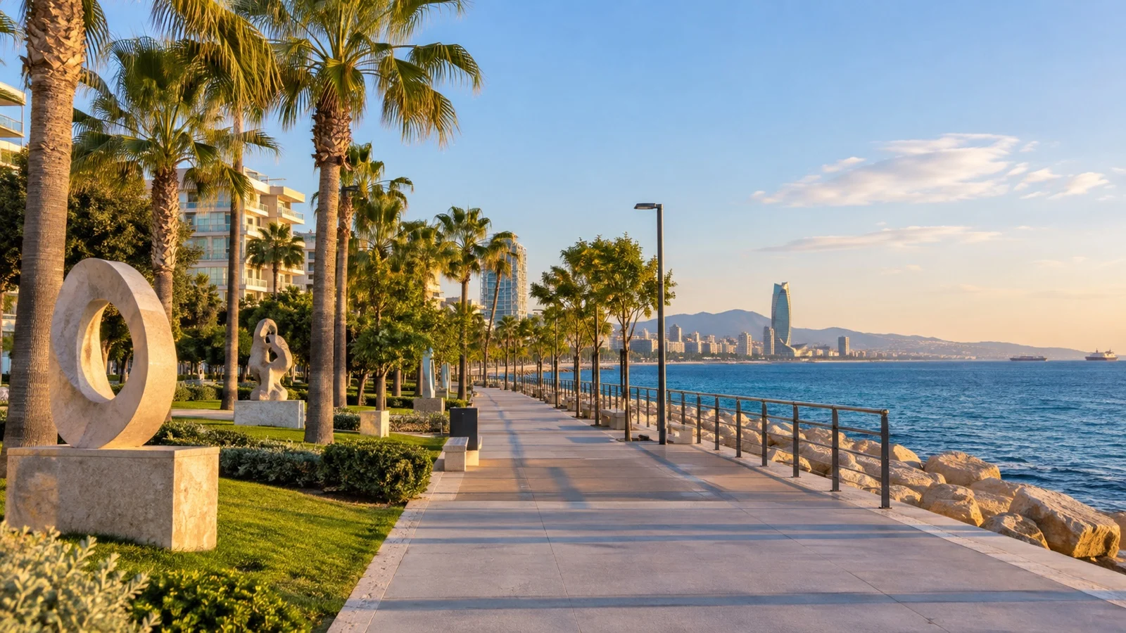 Palm-lined Molos promenade beside the sea in Limassol