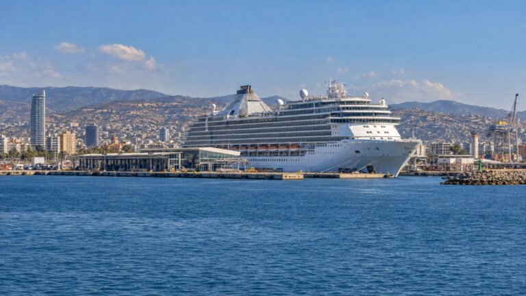 Cruise ship at Limassol New Port terminal across the harbor