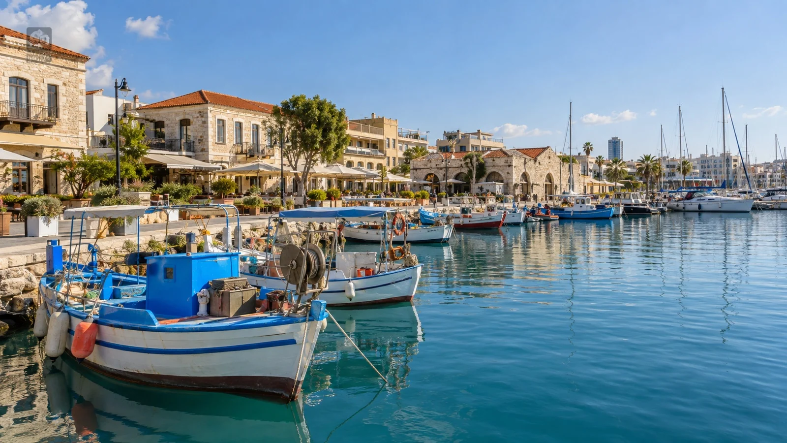 Fishing boats moored along Limassol Old Port waterfront