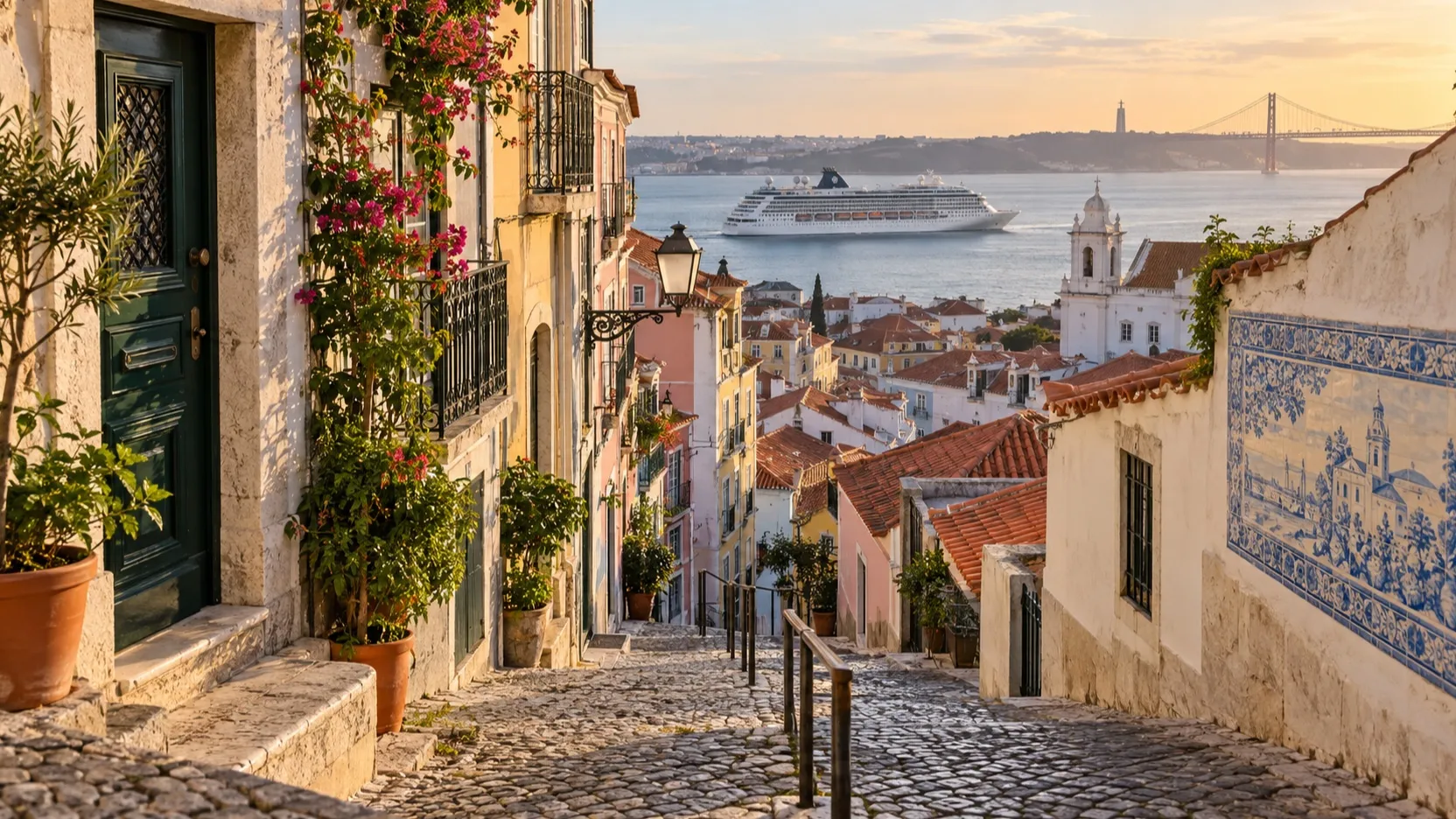 Steep cobbled street in Lisbon's Alfama district