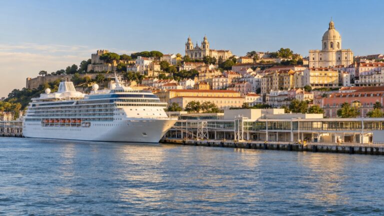 Cruise ship docked at Lisbon Cruise Terminal below Alfama’s terracotta rooftops