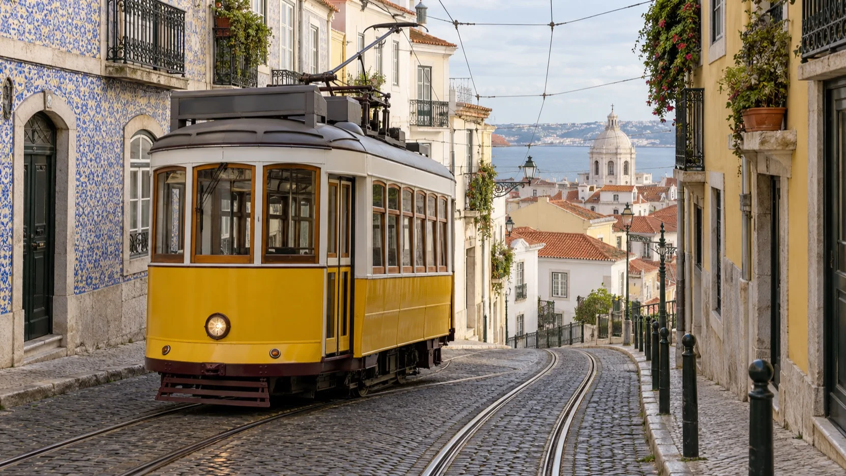 Yellow Lisbon tram on a steep cobbled street in Alfama