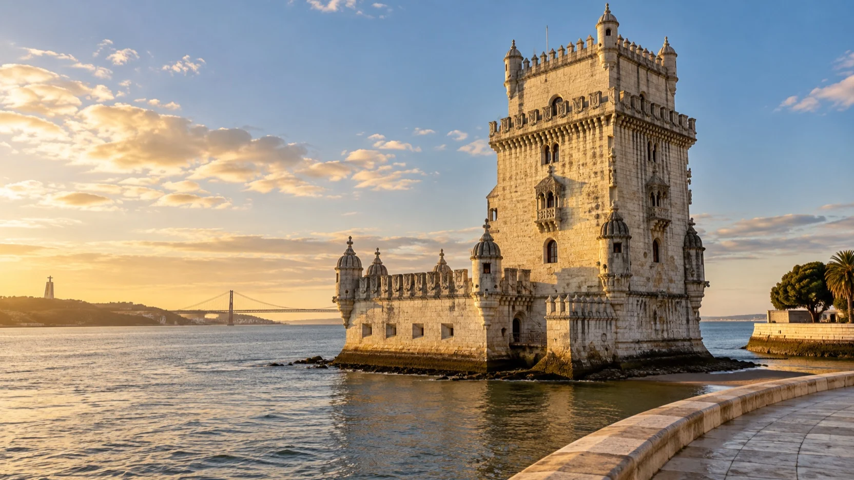 Belém Tower beside the Tagus River in Lisbon at golden hour
