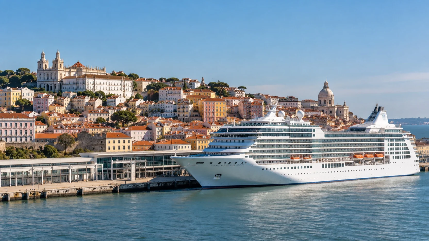 Cruise ship docked at Lisbon’s Tagus waterfront below the Alfama district