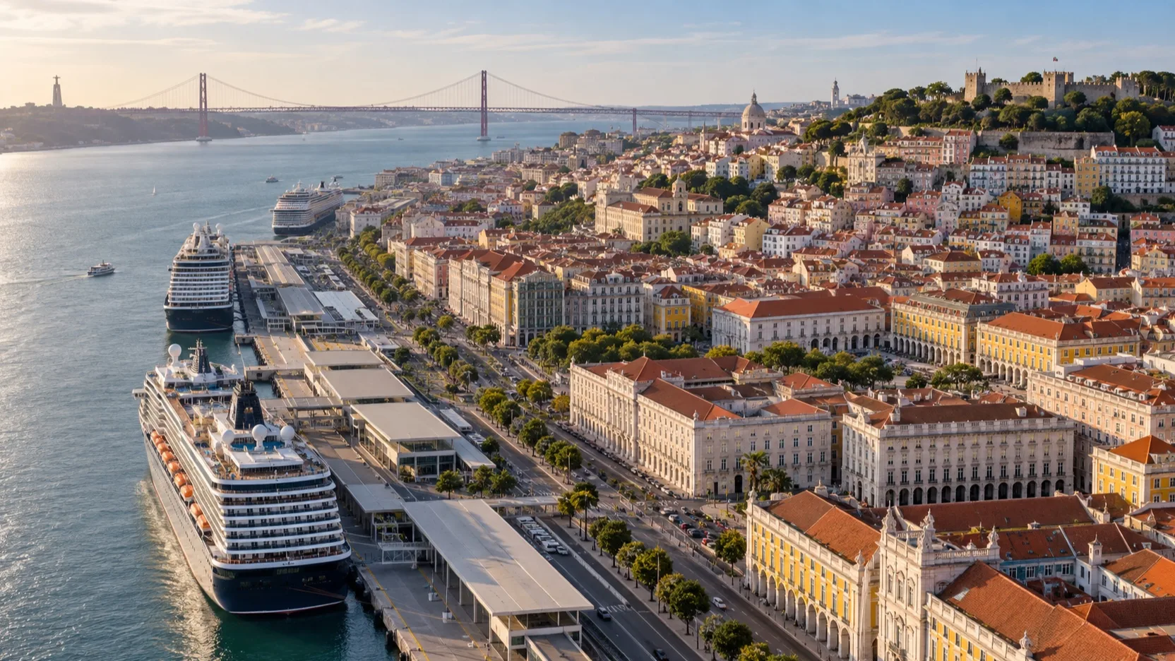 Aerial view of Lisbon cruise berths and Alfama