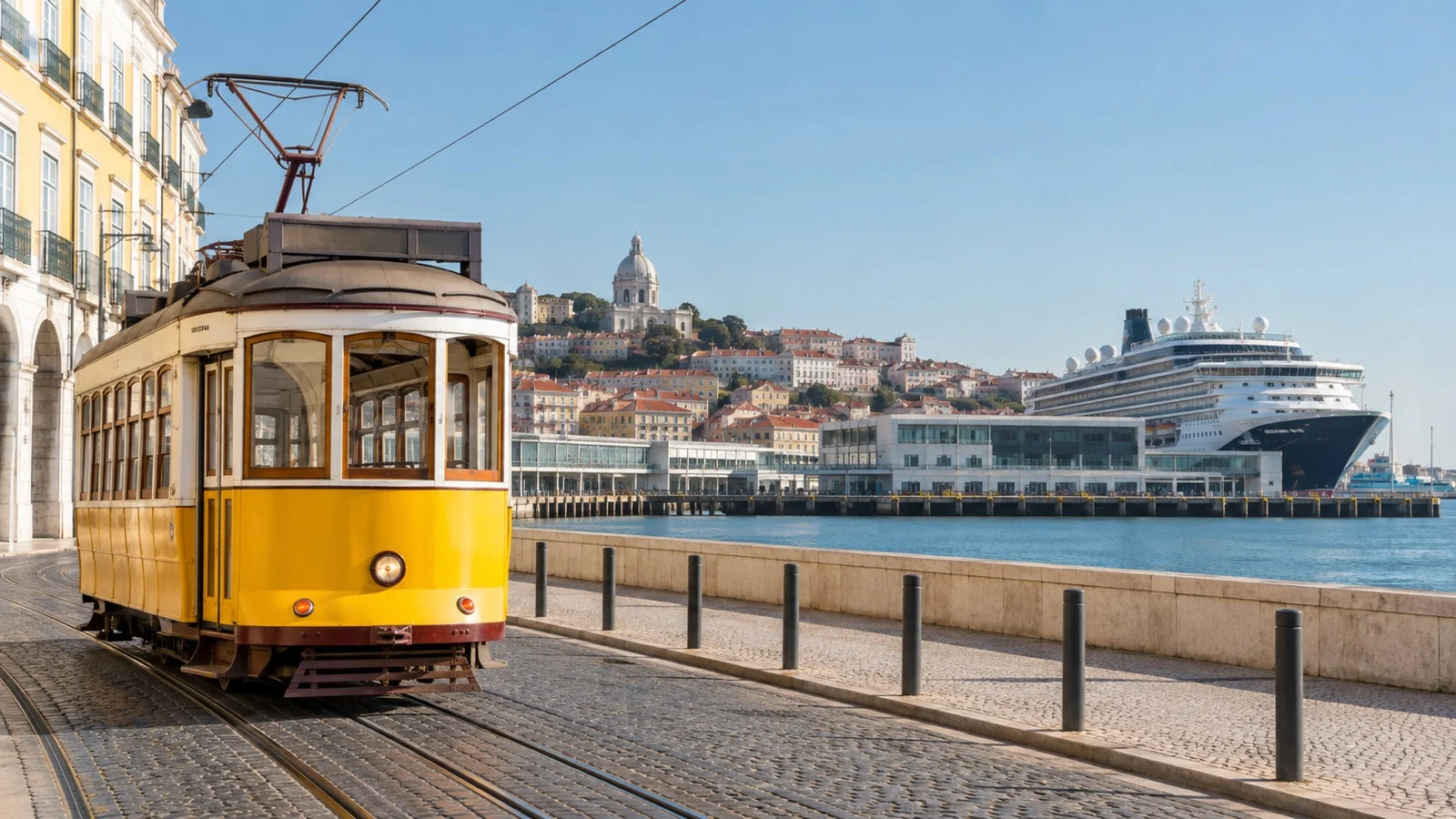 Empty Lisbon tram near waterfront cruise terminal