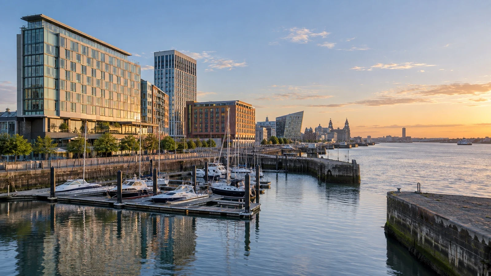 Princes Dock on Liverpool's northern waterfront with contemporary hotels, marina and Mersey River