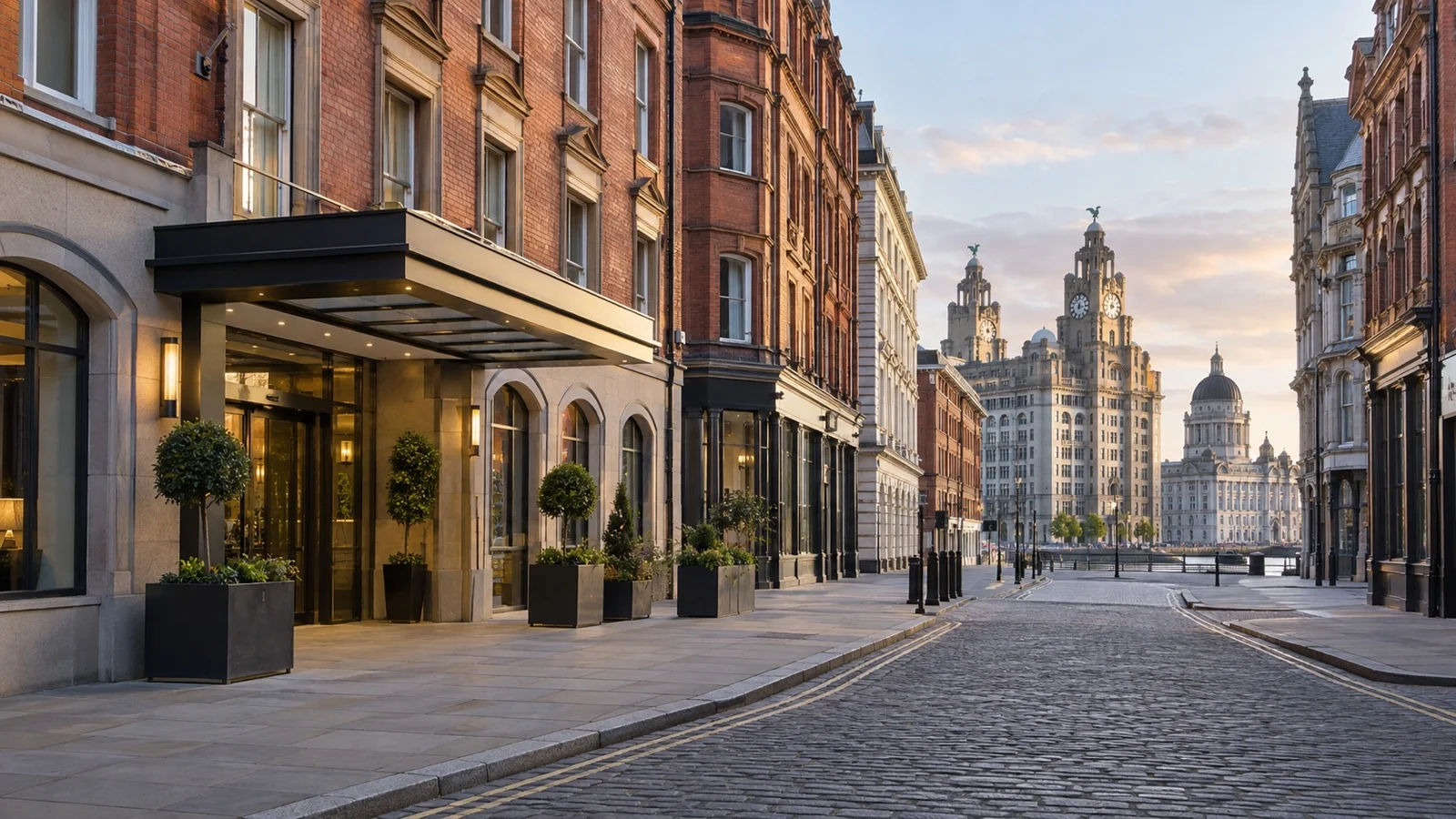Liverpool city center street with practical hotels and brick commercial architecture