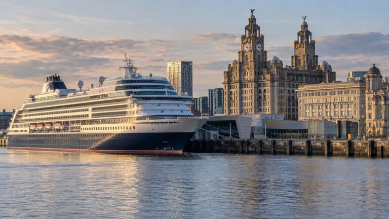 A cruise ship docked near Liverpool's Royal Liver Building at Pier Head