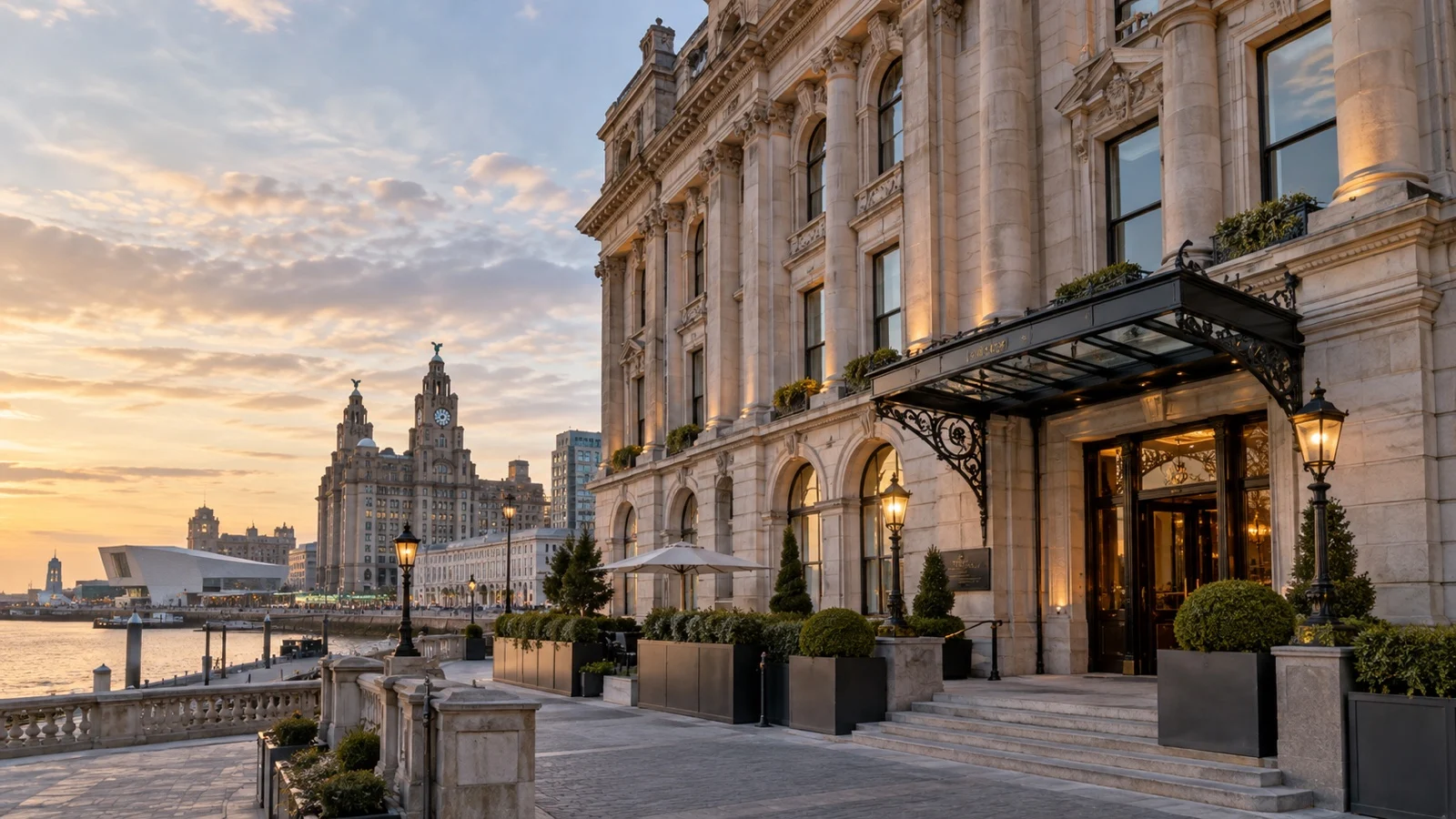 Historic luxury hotel exterior near Liverpool waterfront in a restored grand stone building