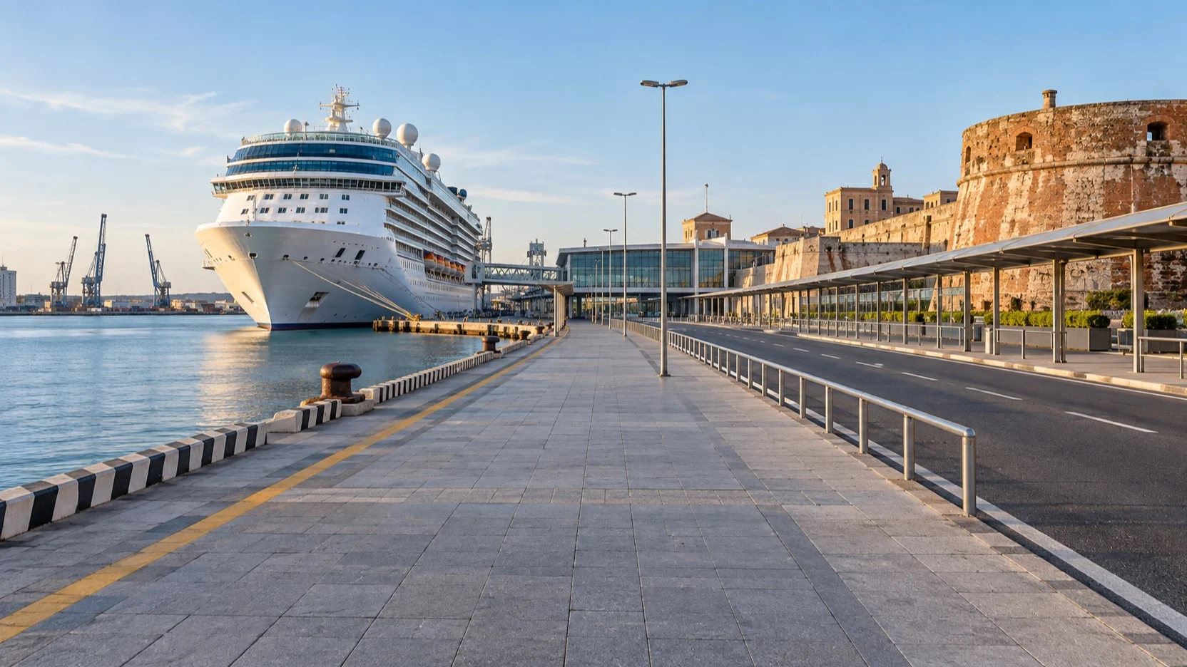 Livorno cruise port exit and empty walkway beside a ship