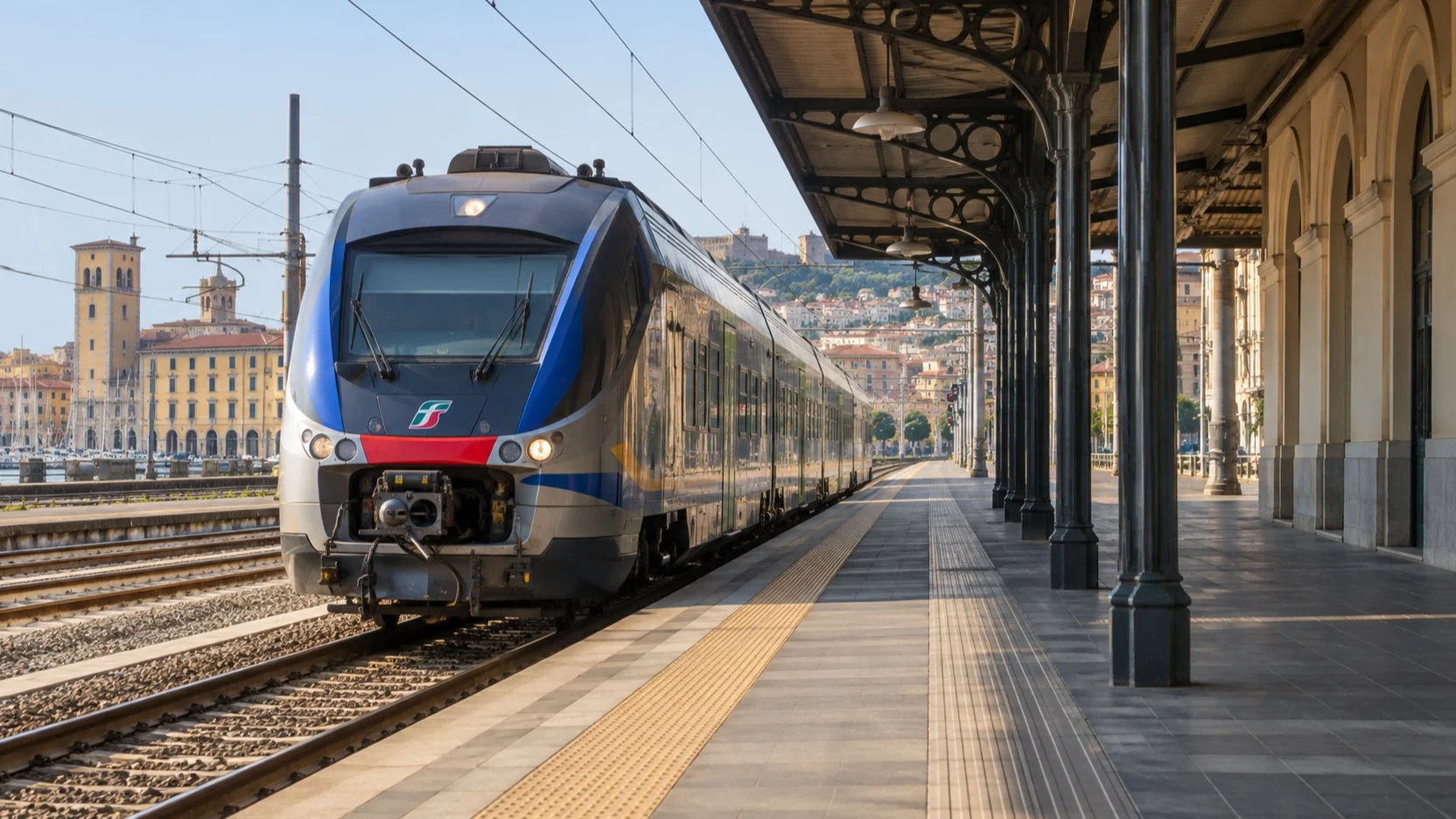 Regional train at an empty Tuscan station platform