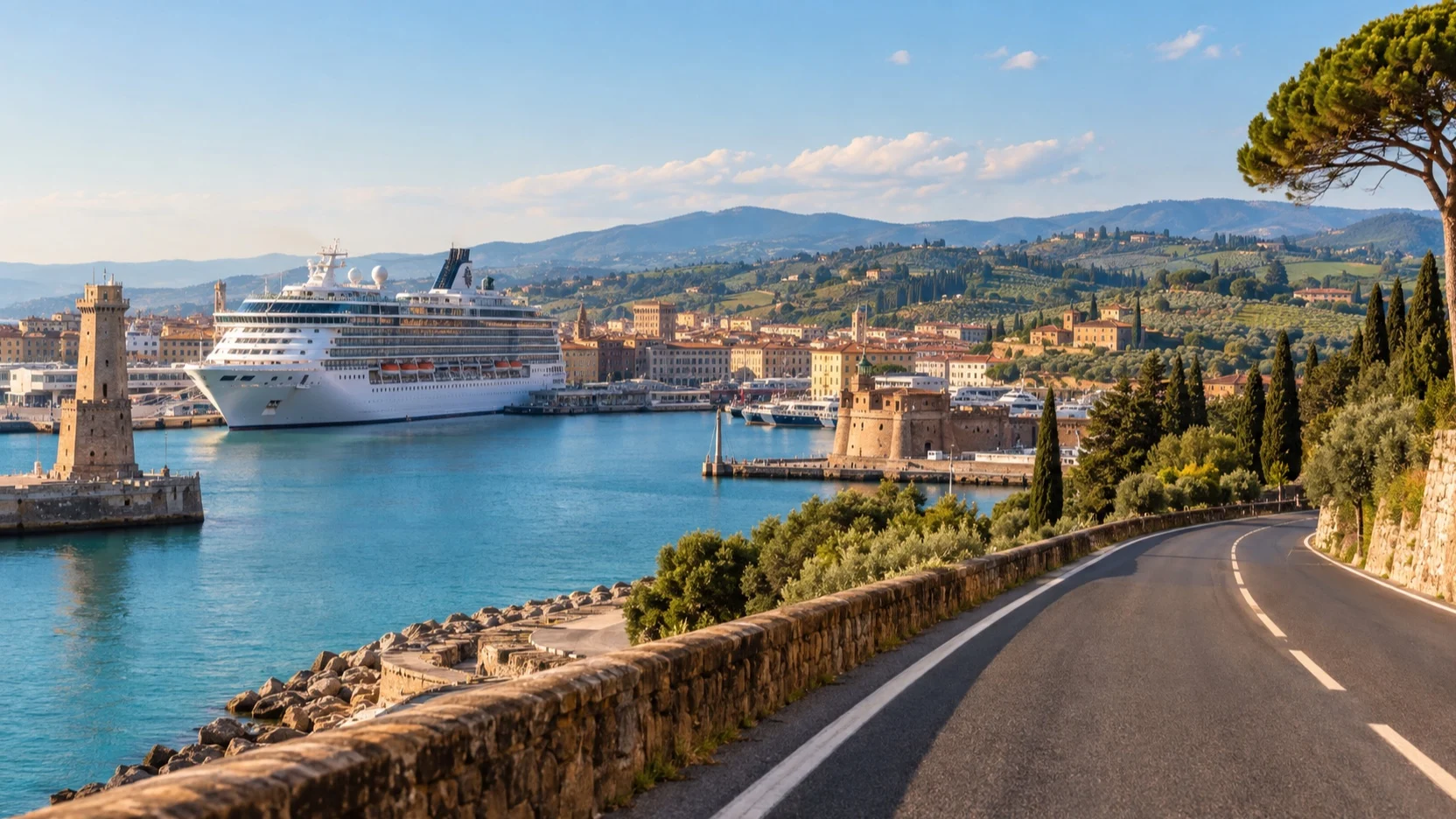 Cruise ship in Livorno harbor beside a road toward Tuscany