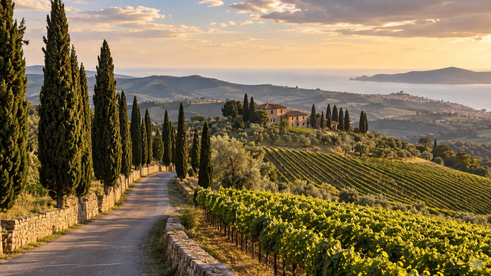 Cypress-lined Tuscan road and vineyard near Livorno