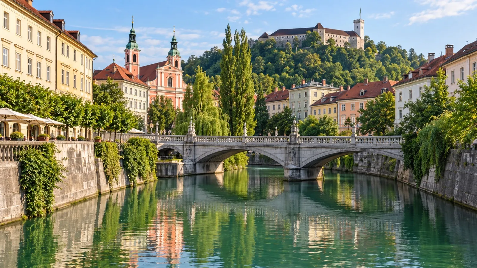 Historic bridges and buildings along the Ljubljanica River