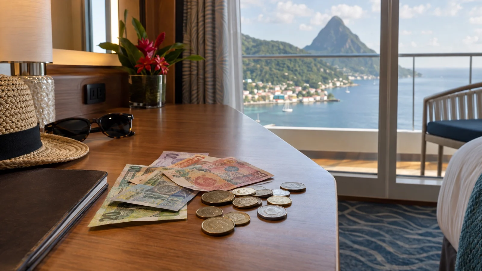 Assorted small local banknotes and coins on a cruise cabin desk, no legible text