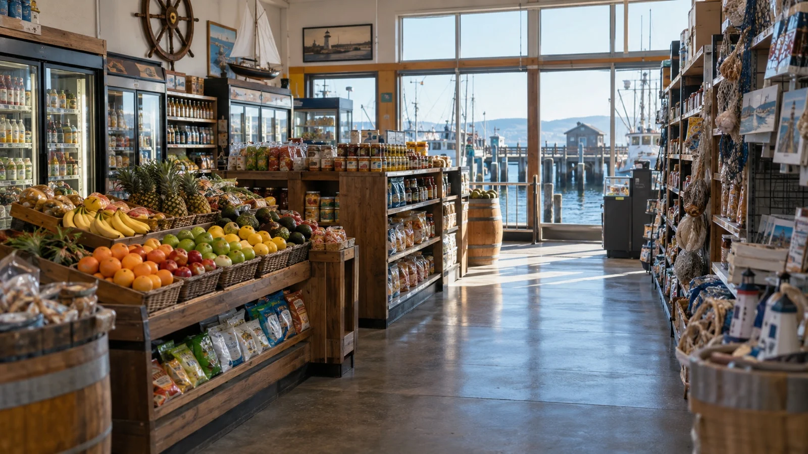 Local packaged foods and produce in empty port-city grocery store