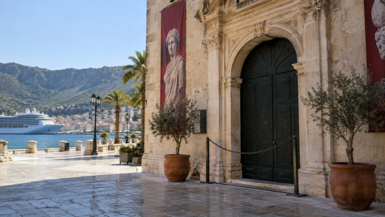 Closed museum entrance in a Mediterranean cruise port on a public holiday
