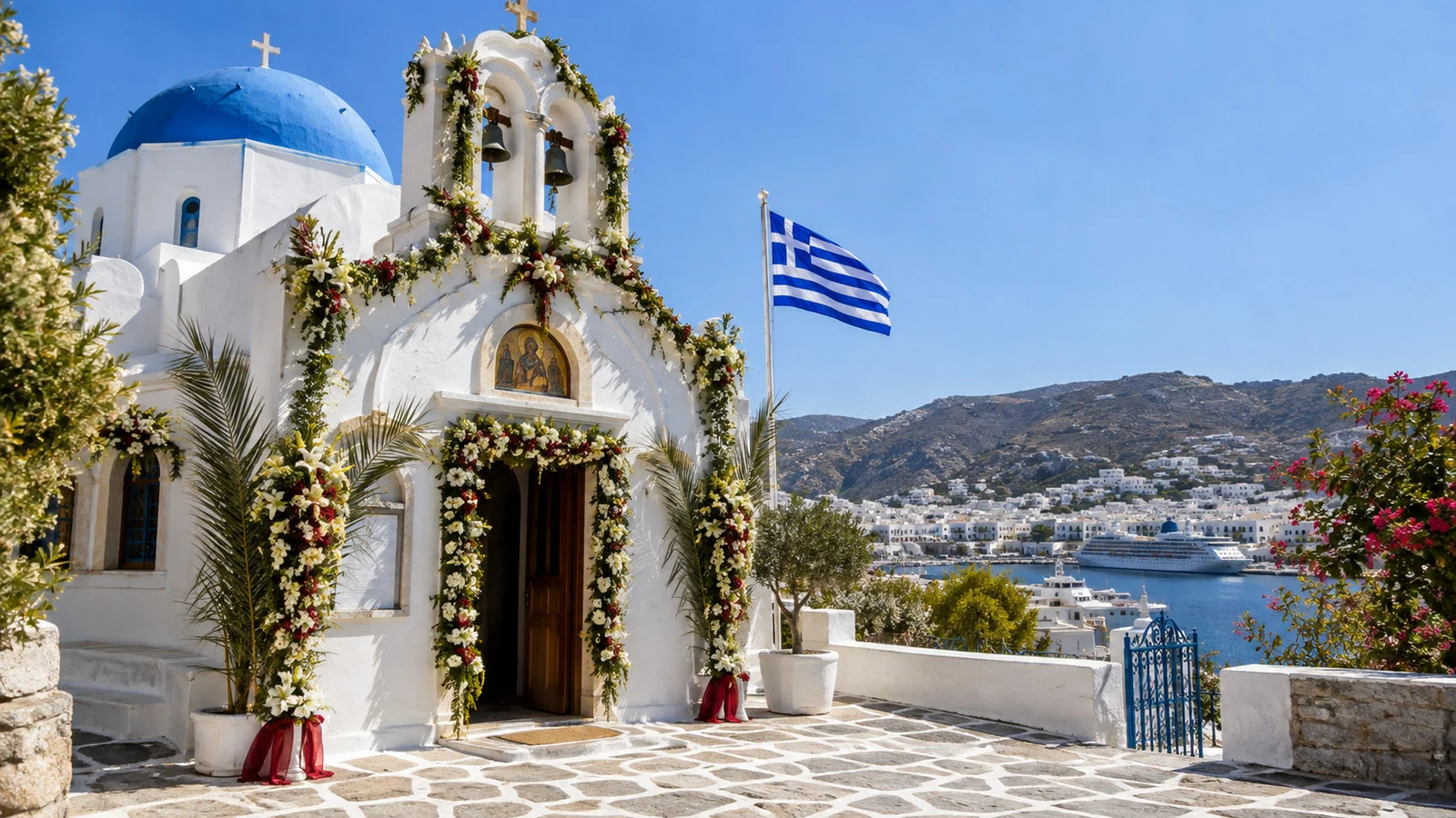 Flower-decorated Orthodox church on a Greek island before Easter