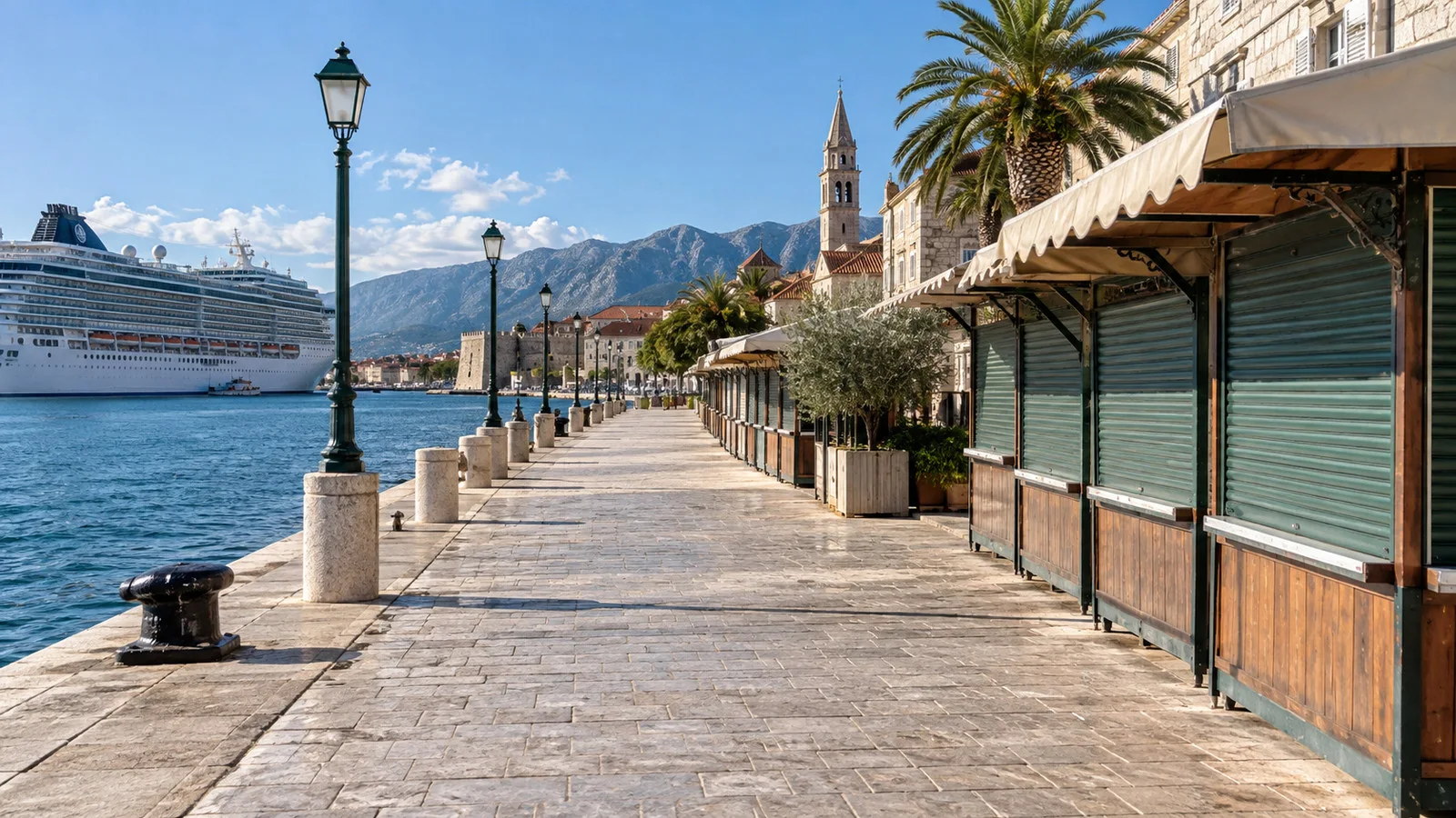 Open waterfront promenade beside closed market stalls on a holiday port day