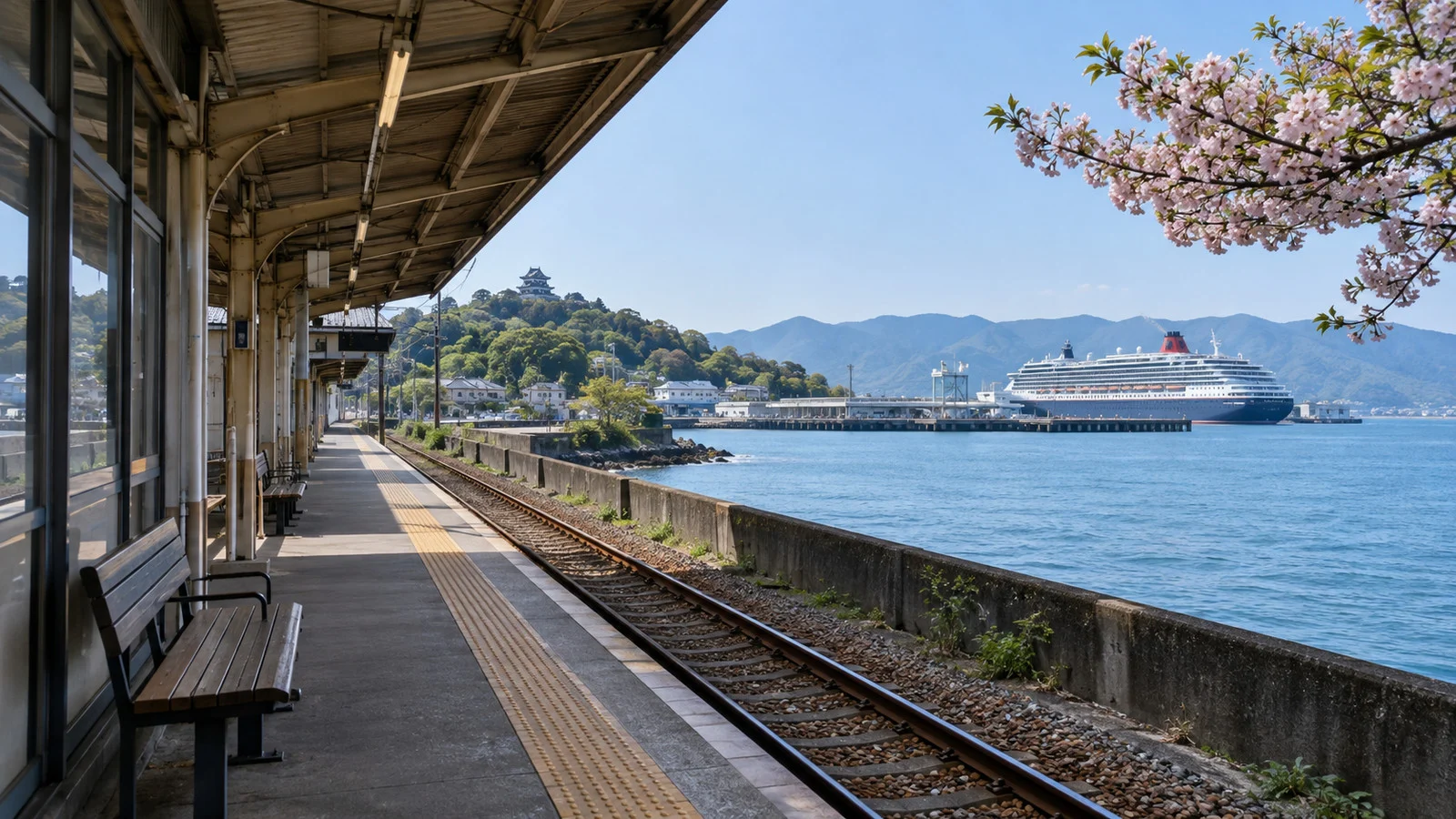 Quiet train platform near a Japanese cruise port during Golden Week